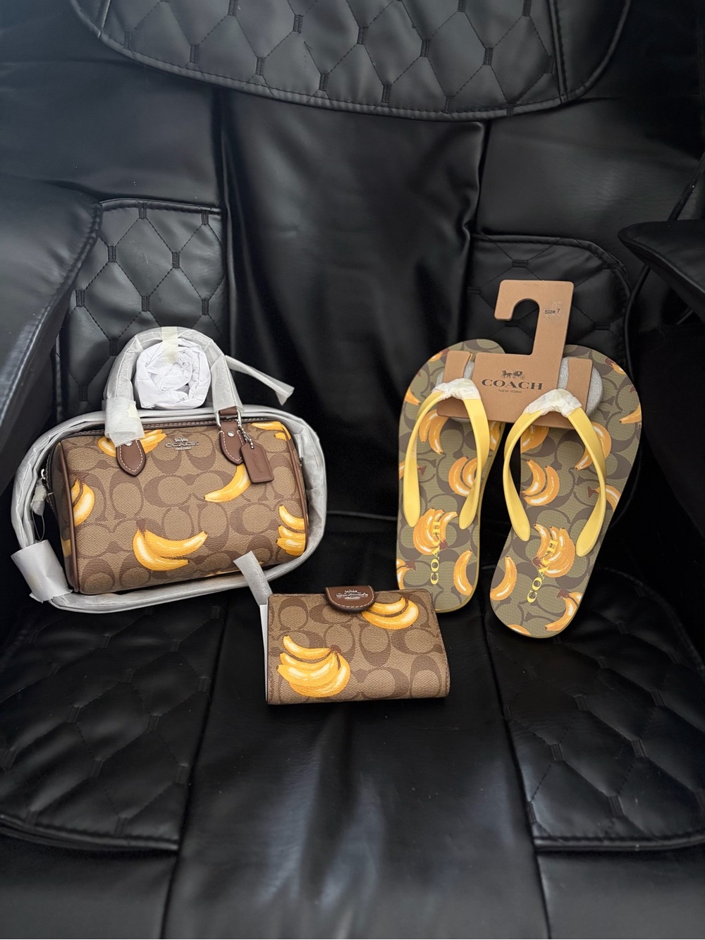 Coach Brown Banana Print Mini Bag, Wallet & Yellow Flip Flops